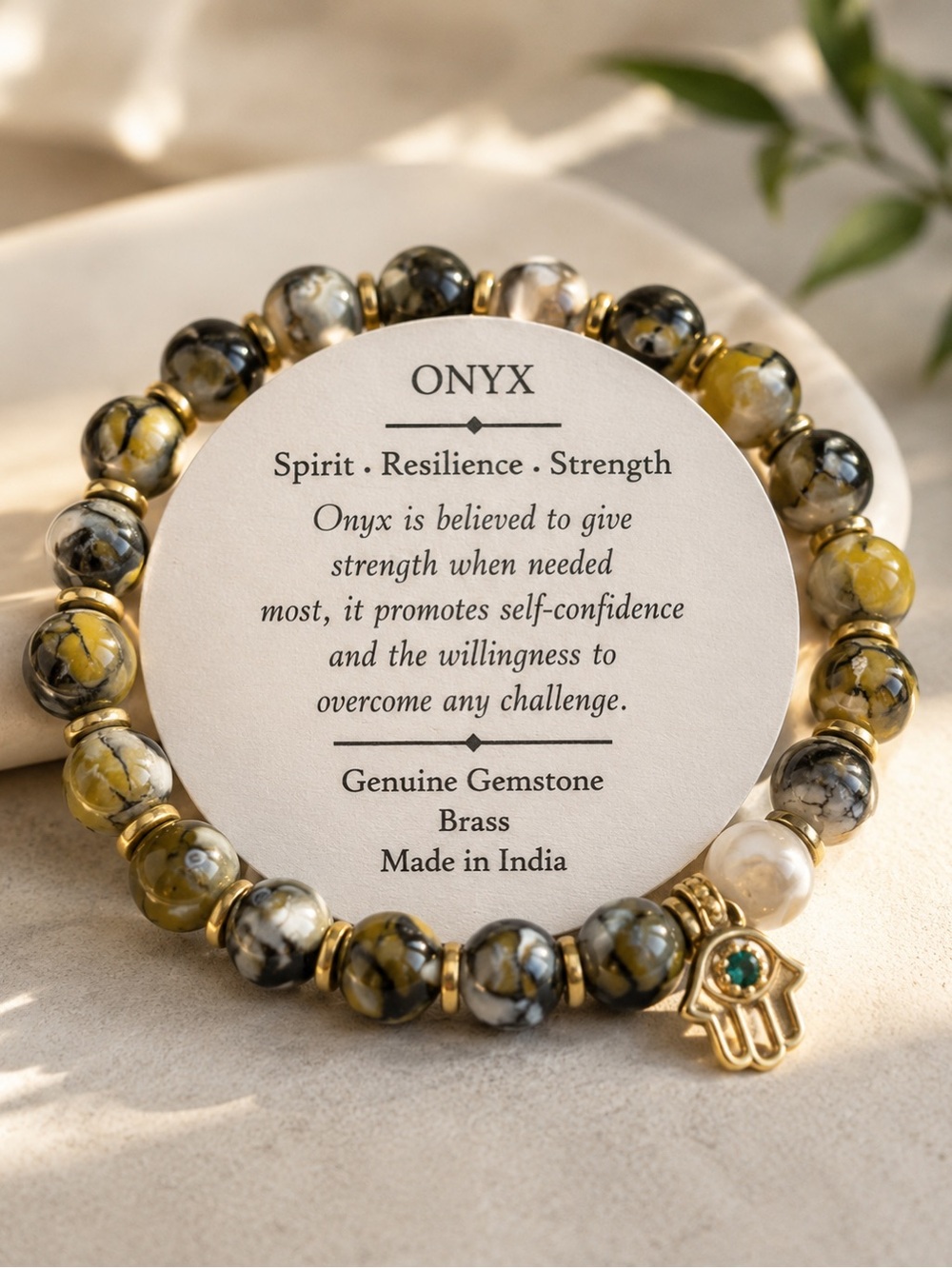 Shivam Onyx Green Gemstone Stretch Bracelet with Brass Hamsa Accent India